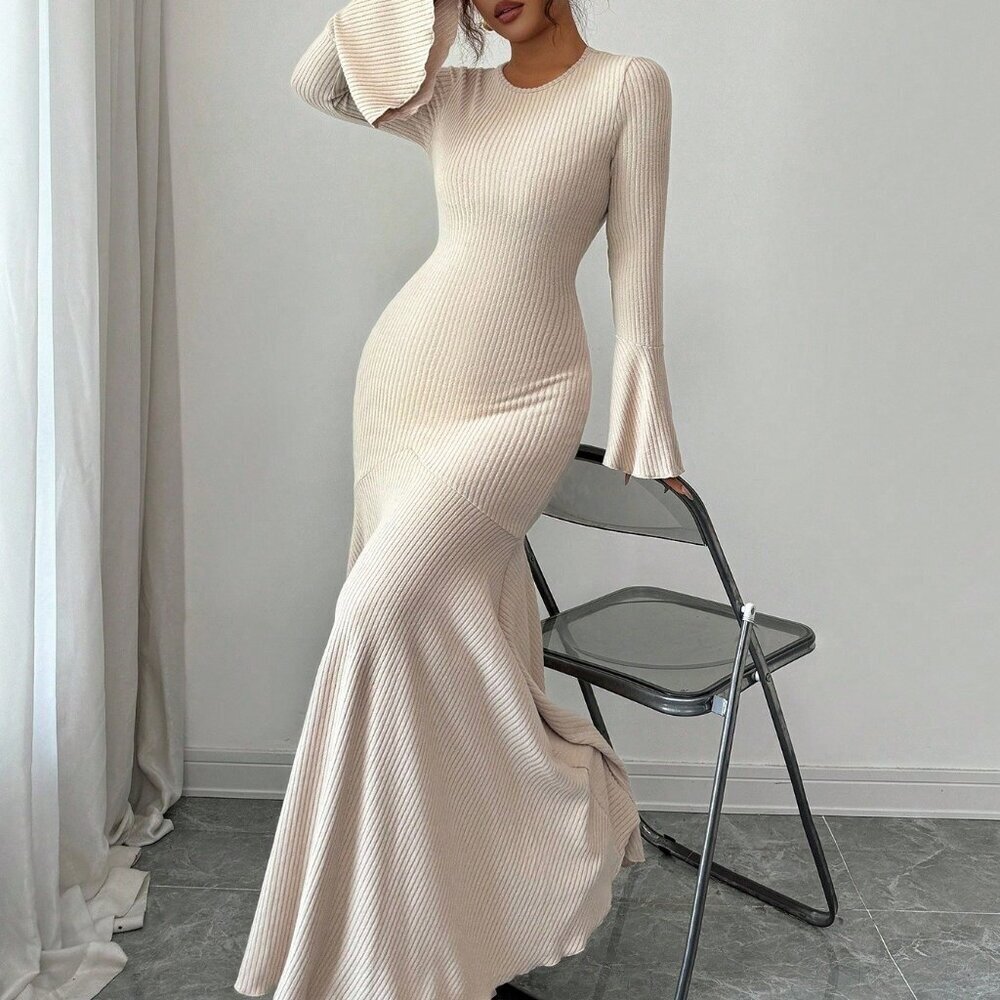 Khaki Elegant Women's Stretchy Fitted Mermaid Hem Ruffle Sleeve Dress - Picture 3 of 7
